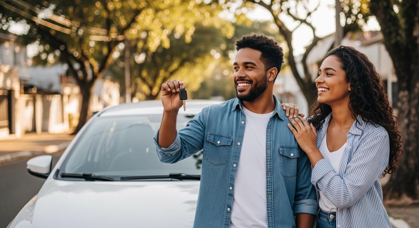 Casal brasileiro feliz com carro zero conquistado com desconto pelo CNPJ