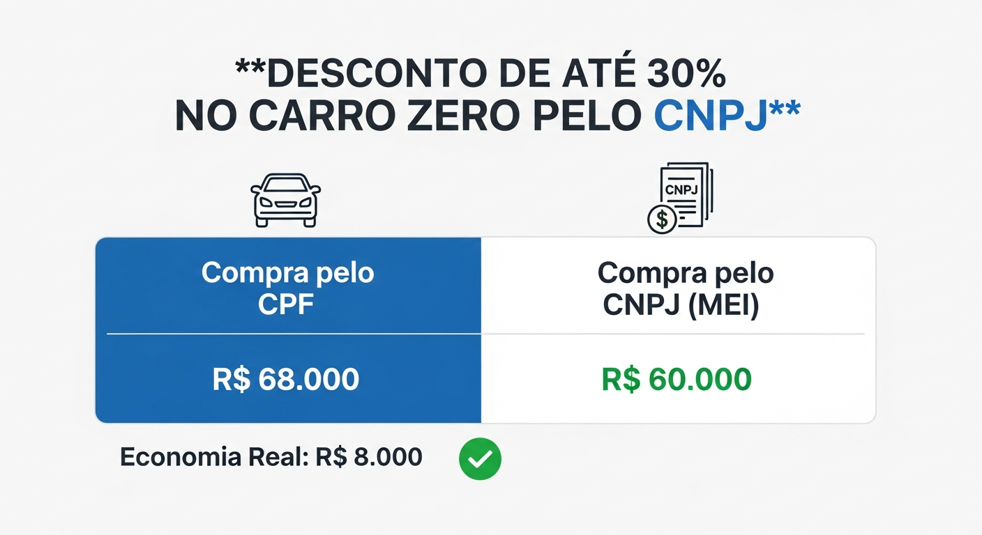 Infográfico comparando preço de carro zero comprado pelo CPF versus CNPJ MEI mostrando economia de R$ 8 mil
