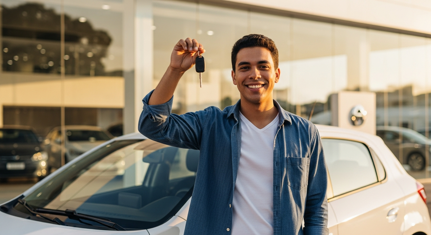 Empreendedor MEI brasileiro segurando chave de carro zero na concessionária após compra com desconto pelo CNPJ