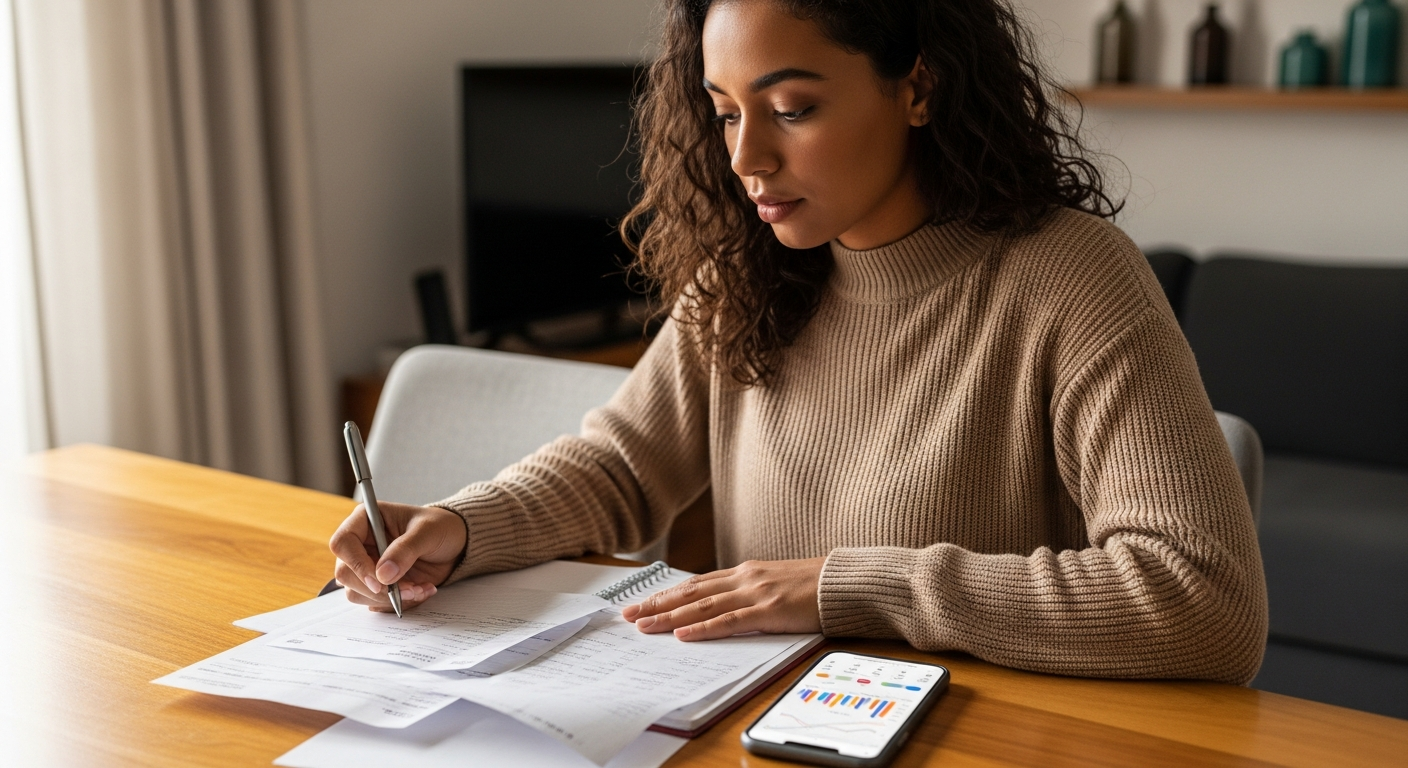 Mulher brasileira planejando finanças em casa, comparando custo de financiamento e consórcio de carro