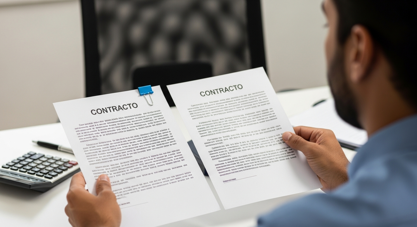 Mãos comparando dois contratos de consórcio sobre mesa — taxa de administração CCOB versus grandes bancos