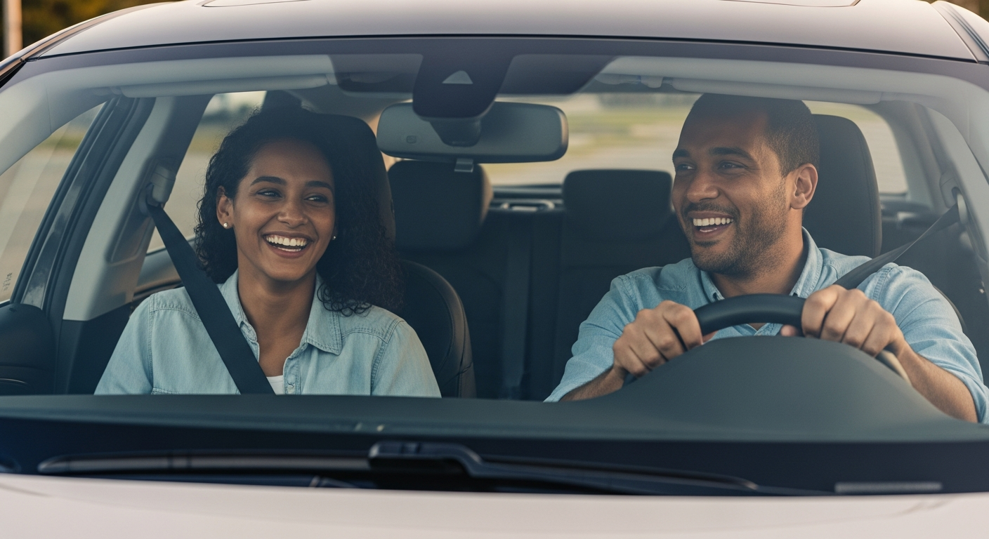 Casal brasileiro feliz dentro de carro novo após ser contemplado em consórcio CCOB de veículo