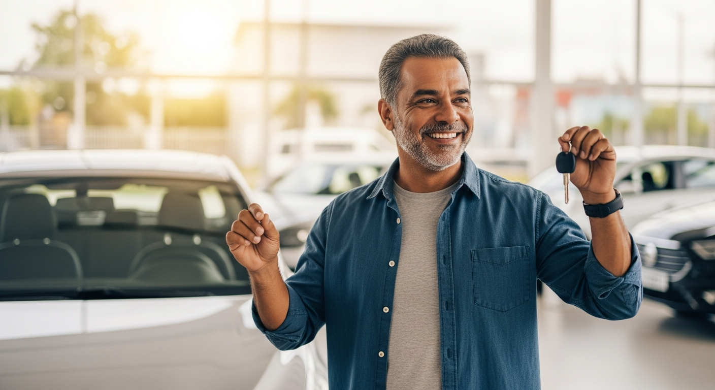 Homem brasileiro segurando chaves de carro novo em concessionária após contemplação em consórcio de carro
