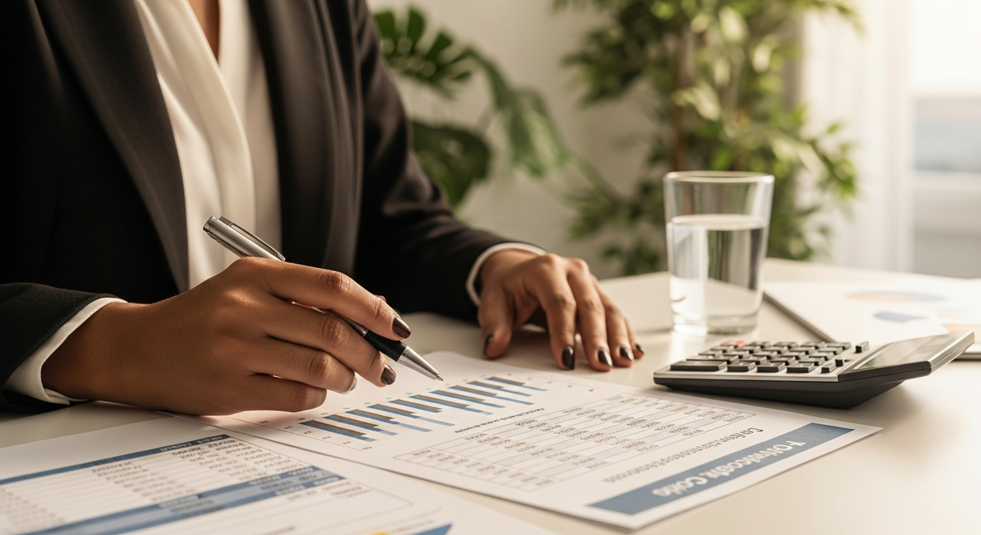 Empresária brasileira analisando planilha financeira com gráficos para calcular ROI de crédito empresarial