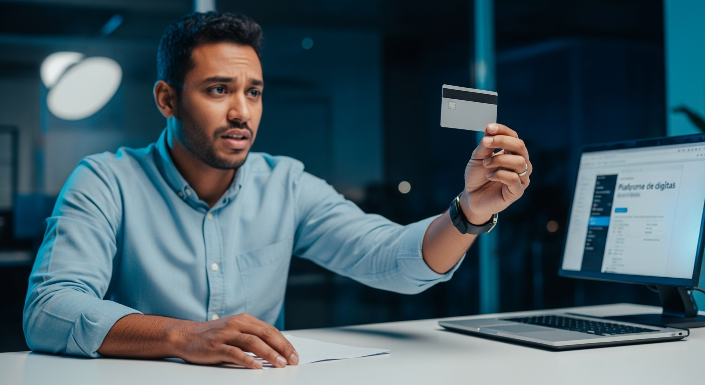 Empreendedor brasileiro com cartão de débito PJ sem crédito tentando acessar plataforma de anúncios digitais