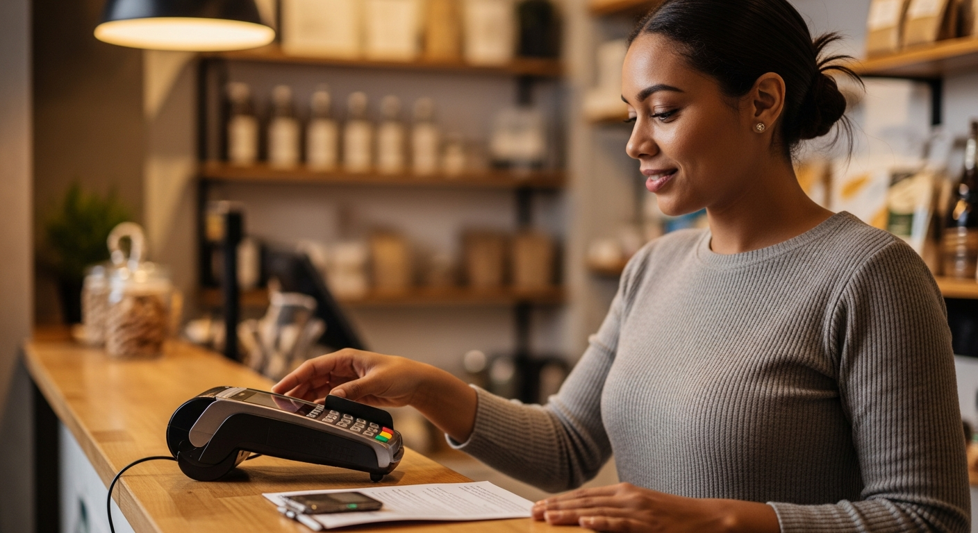 Empresária brasileira com maquininha de cartão em pequeno comércio representando faturamento e rating bancário