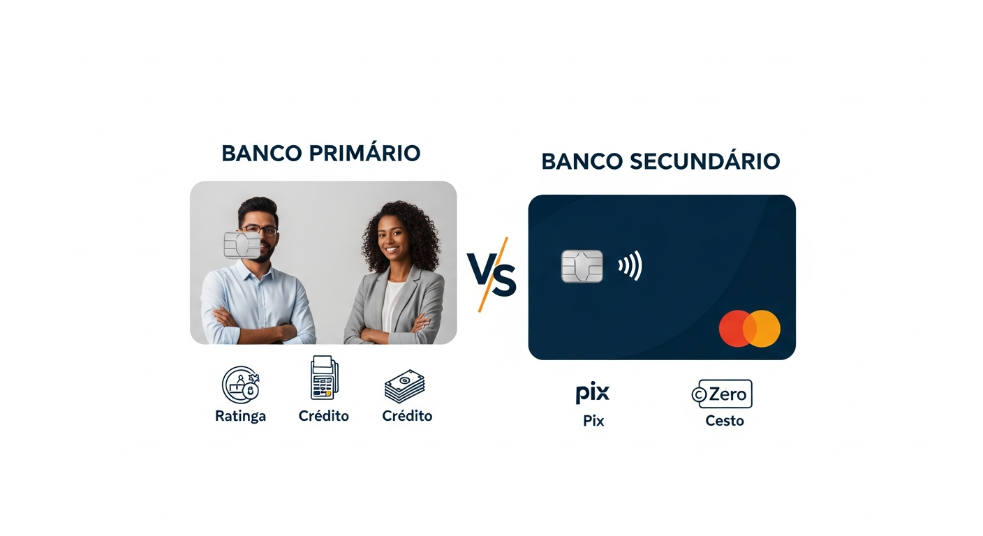 Infográfico comparativo entre banco primário e banco secundário para empresas explicando estratégia de relacionamento bancário