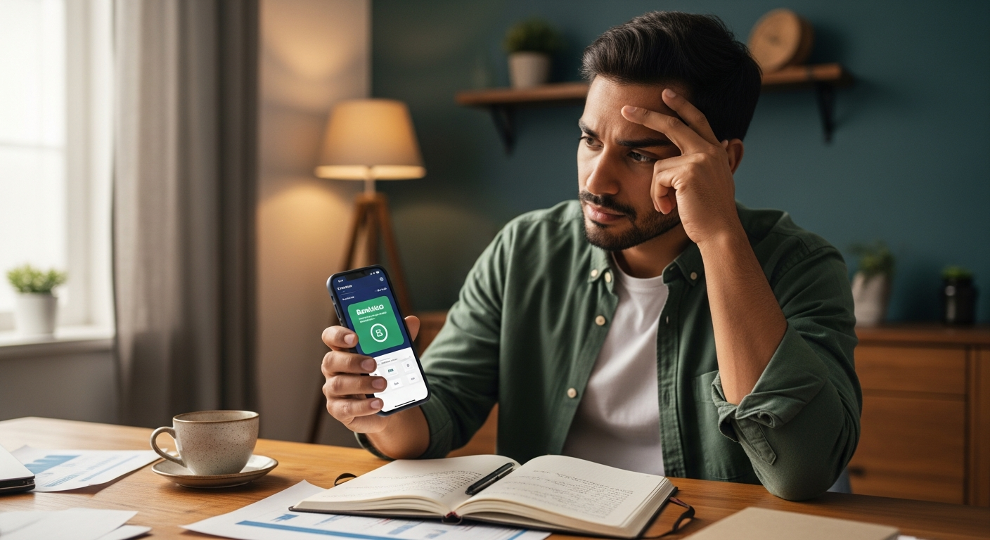 Empreendedor brasileiro analisando conta PJ no celular com expressão de dúvida sobre limitações bancárias