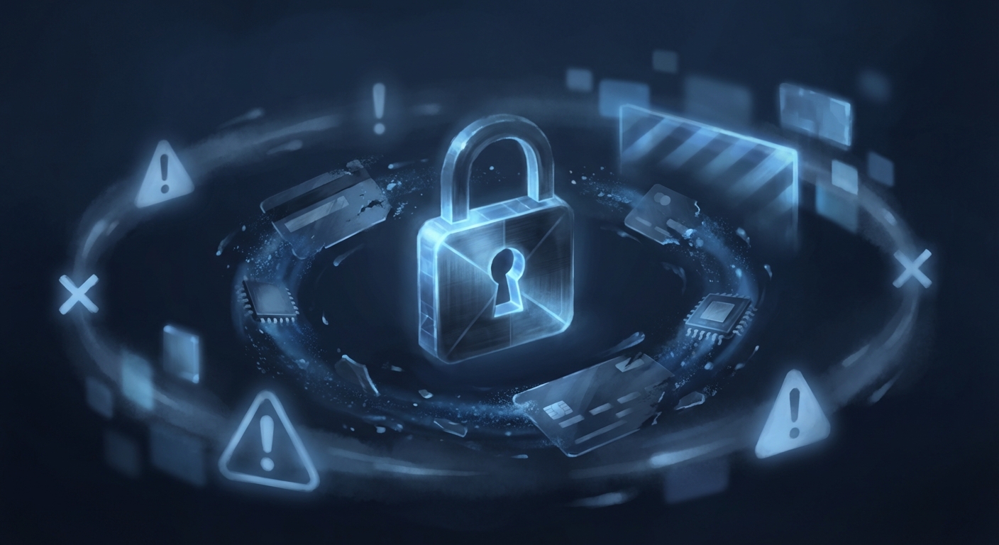 Cadeado digital brilhante cercado por cartões de crédito se fragmentando, representando crédito bloqueado