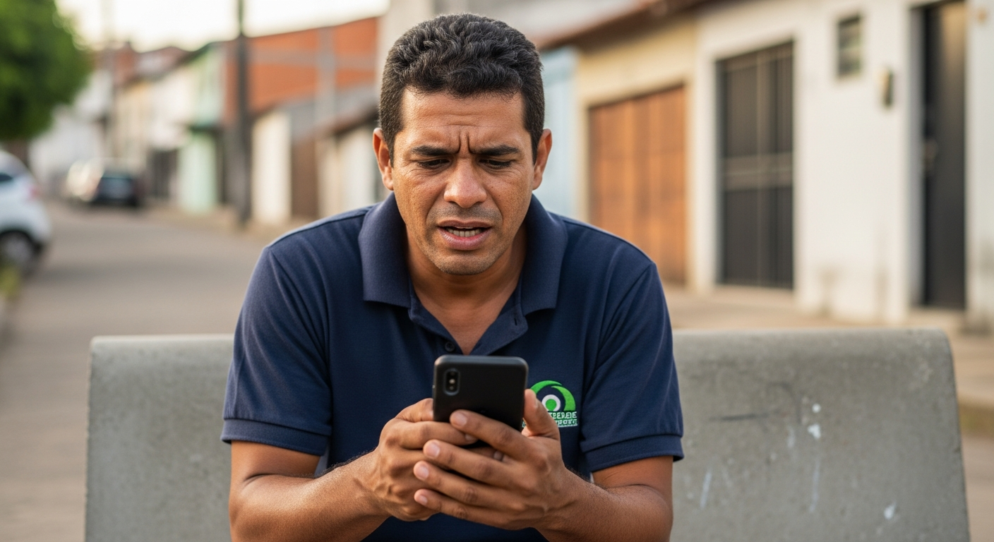 Trabalhador brasileiro com expressão de frustração olhando para celular após crédito do trabalhador negado