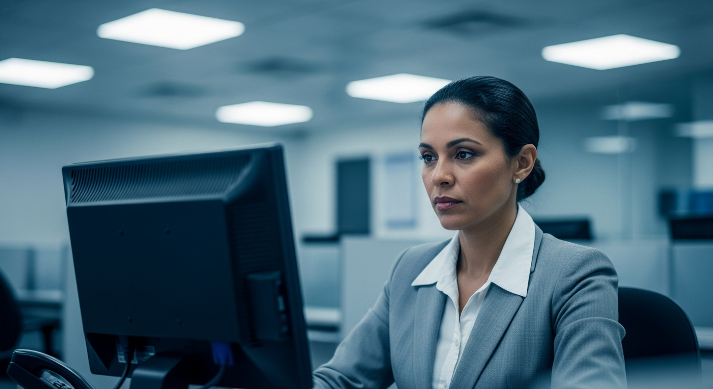 Gerente bancária brasileira analisa tela de computador representando avaliação de rating bancário interno