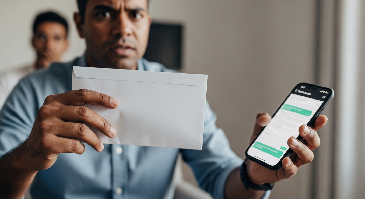 Homem brasileiro desconfiante segurando celular com proposta suspeita de desbloqueio de crédito
