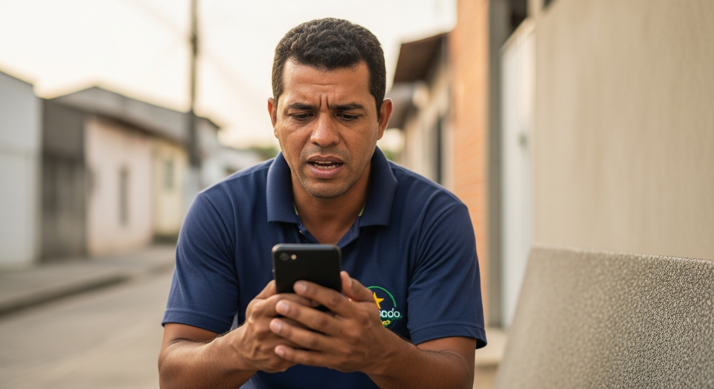 Trabalhador brasileiro com expressão de frustração olhando para celular após crédito do trabalhador negado