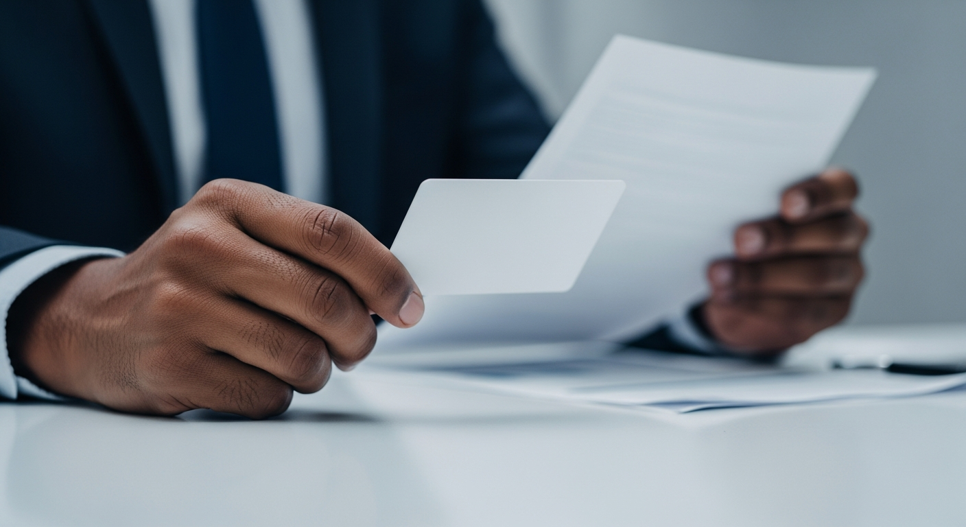 Analista bancário brasileiro segurando ficha em branco representando avaliação de rating de crédito