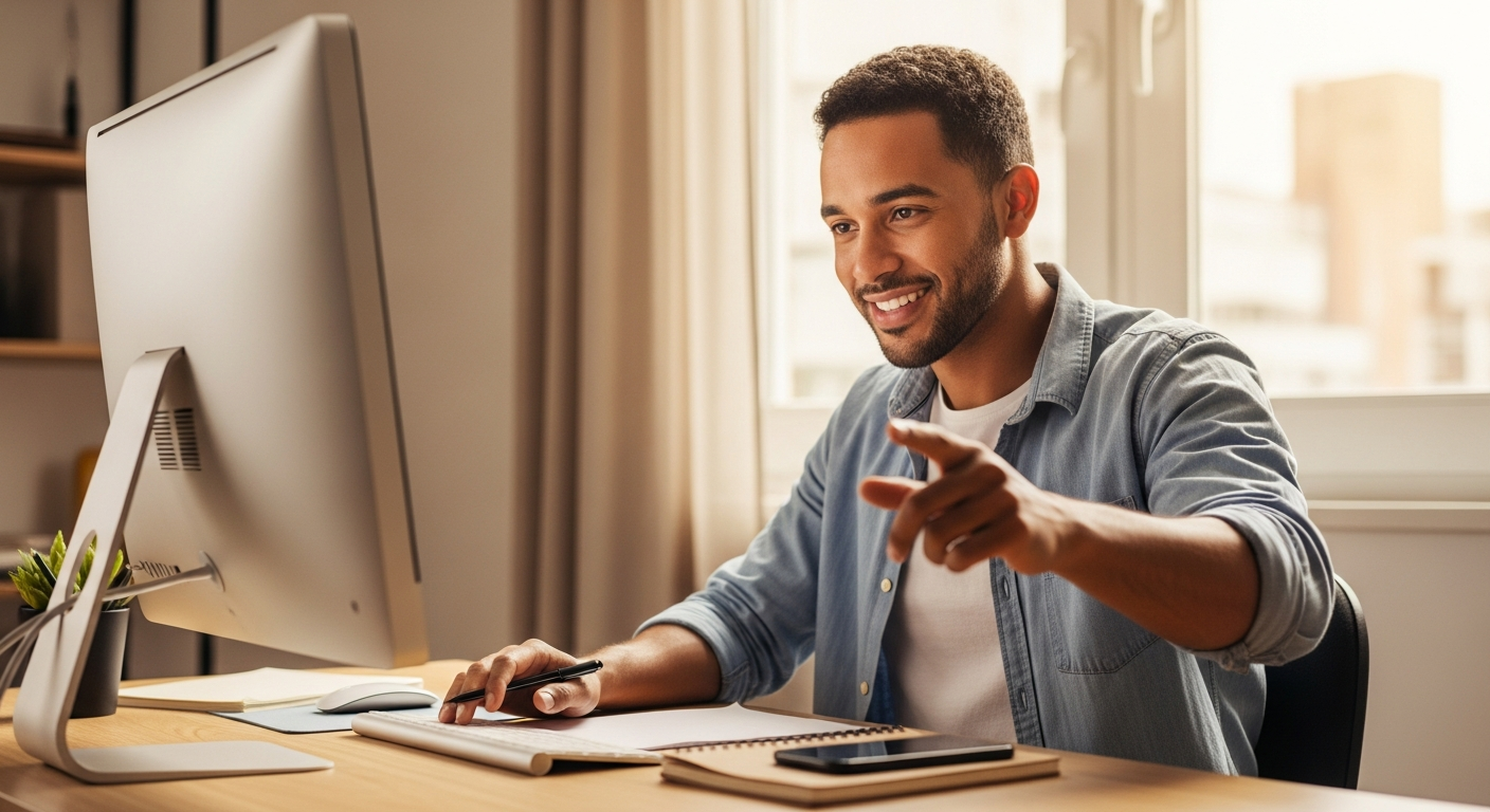 Homem brasileiro determinado no computador em casa tomando ação para melhorar rating bancário e crédito