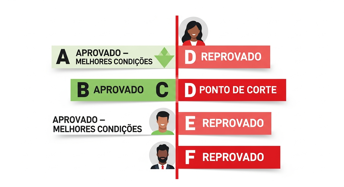 Infográfico com escala de rating bancário de A a F mostrando o ponto de corte entre aprovado e reprovado
