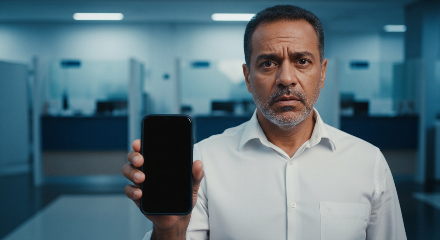 Homem brasileiro com expressão de confusão segurando celular dentro de agência bancária após reprovação de crédito