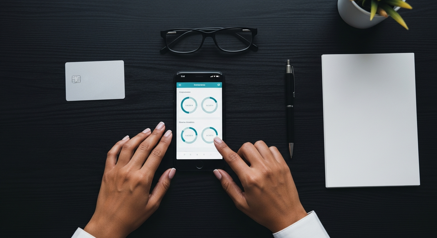 Mão feminina brasileira operando app bancário representando obrigação de reporte ao e-Financeira