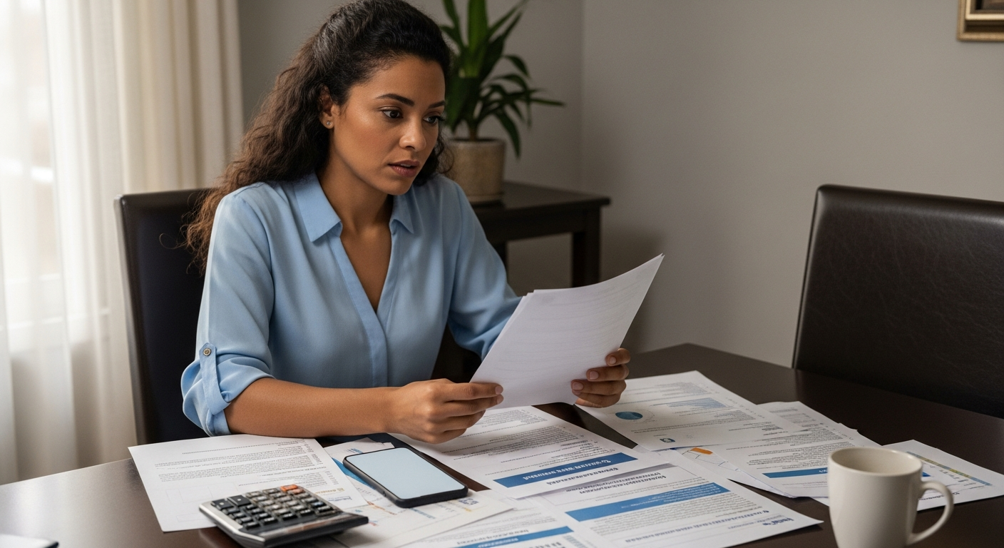 Mulher brasileira analisa documentos financeiros em casa representando contribuinte na malha fina