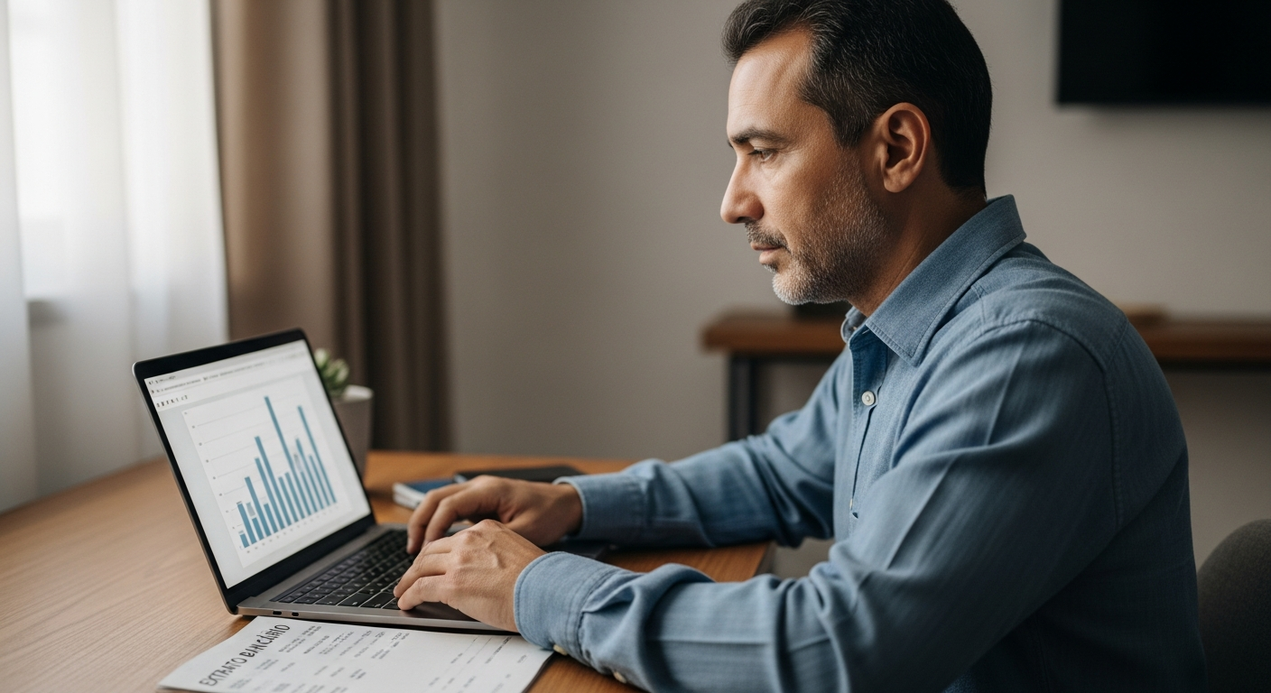 Homem brasileiro analisa extrato bancário no computador preocupado com monitoramento da Receita Federal