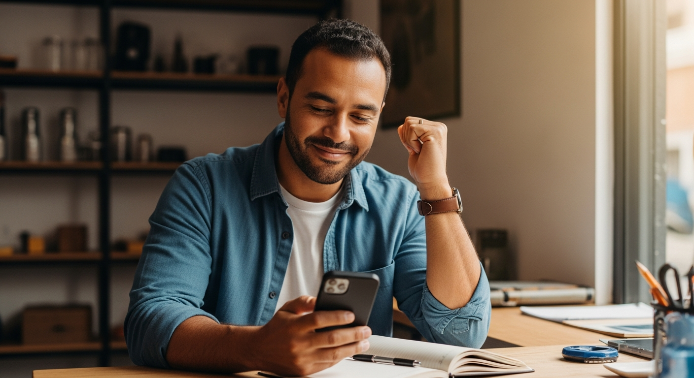 Microempreendedor MEI consultando crédito aprovado no celular em seu pequeno negócio