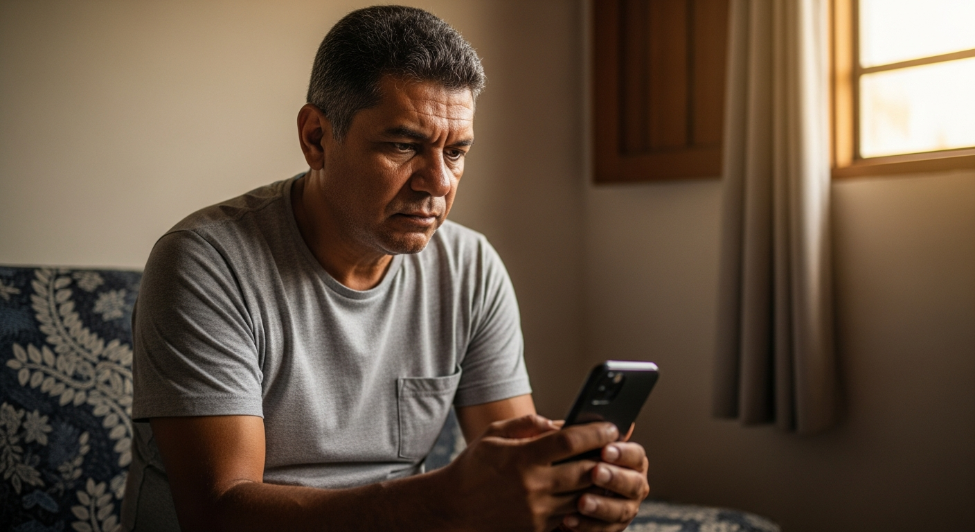 Homem brasileiro verificando CPF no celular sentado no sofá com expressão concentrada