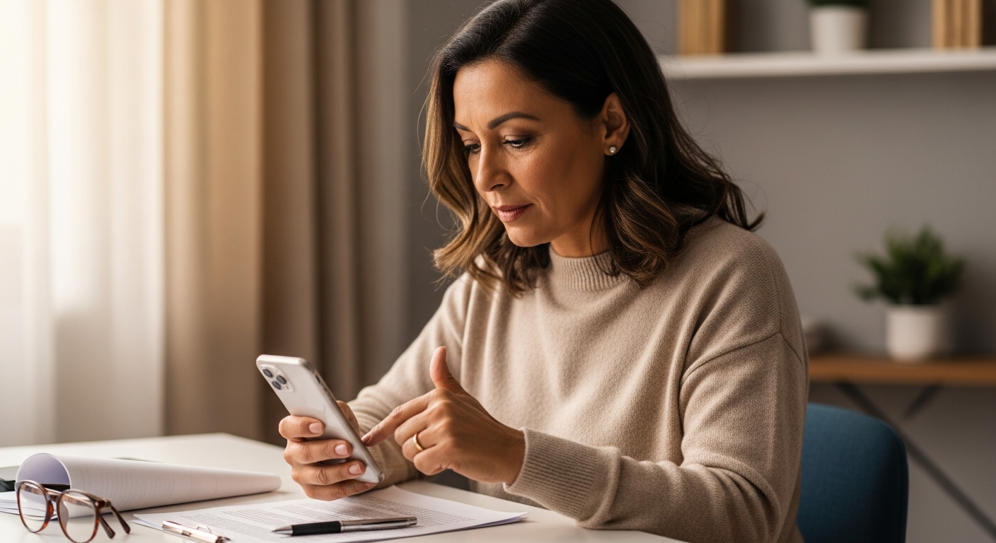 Mulher brasileira atualizando cadastro bancário no celular com documentos sobre a mesa