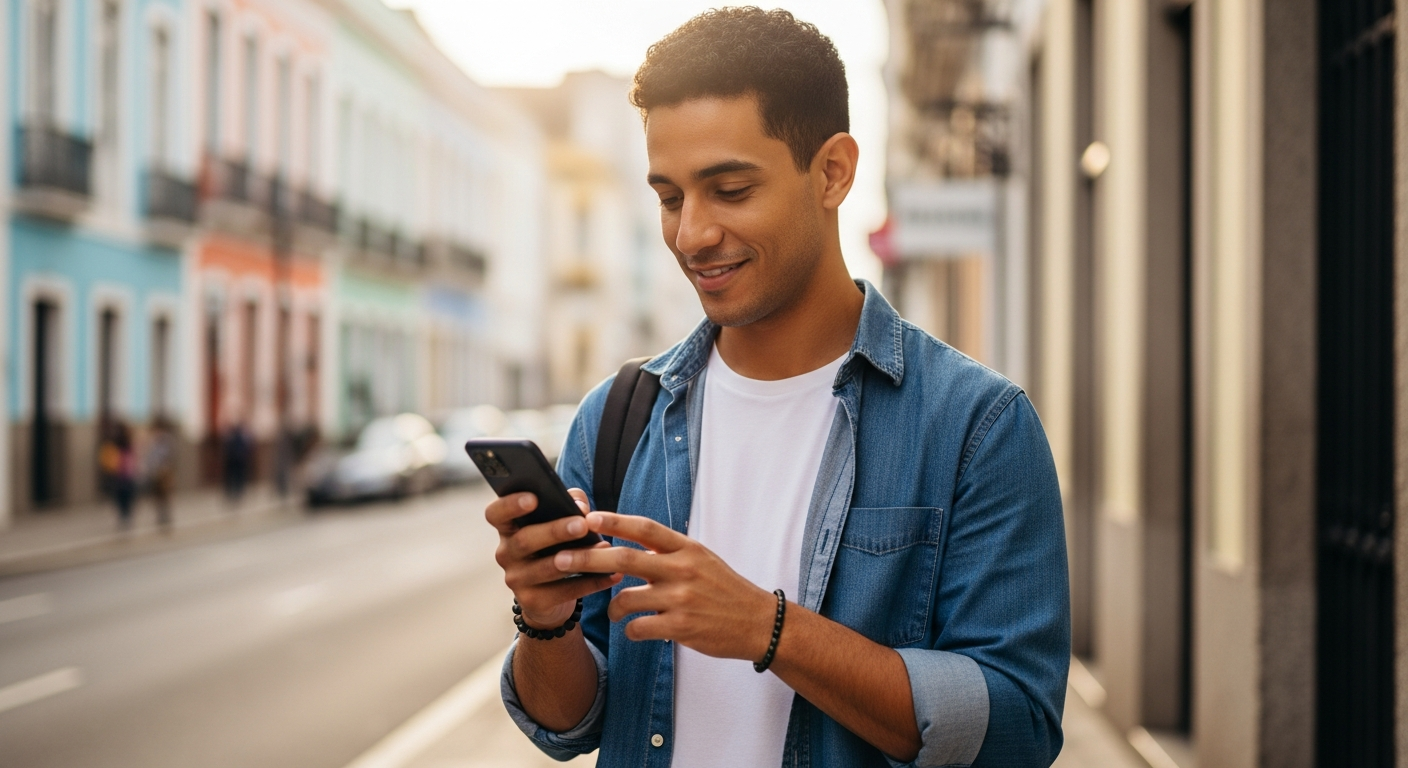 Jovem brasileiro sorrindo ao ver celular em calçada urbana após resolver limite bancário