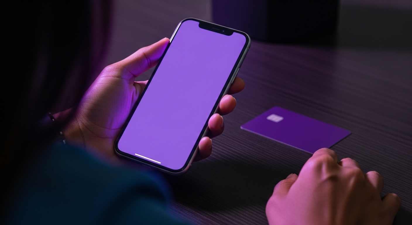 Mão segurando celular com app bancário roxo e cartão de crédito sobre mesa escura