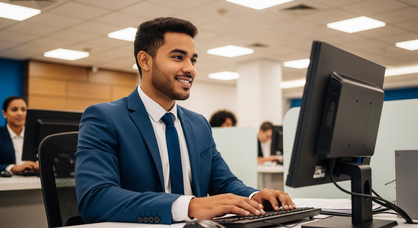 Gerente de banco brasileiro sorrindo ao aprovar crédito empresarial no computador em agência moderna