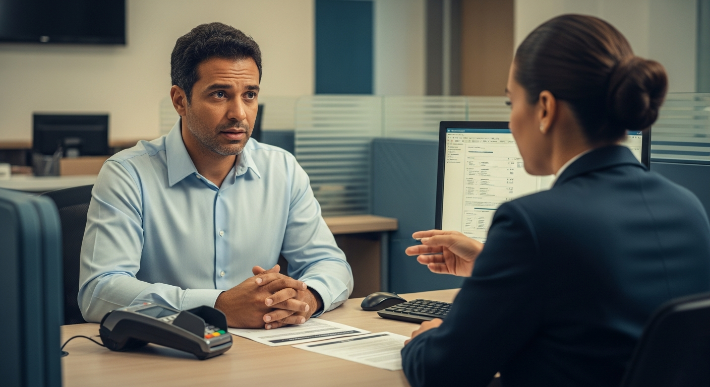 Empresário brasileiro em reunião com gerente de banco analisando crédito empresarial com maquininha sobre a mesa