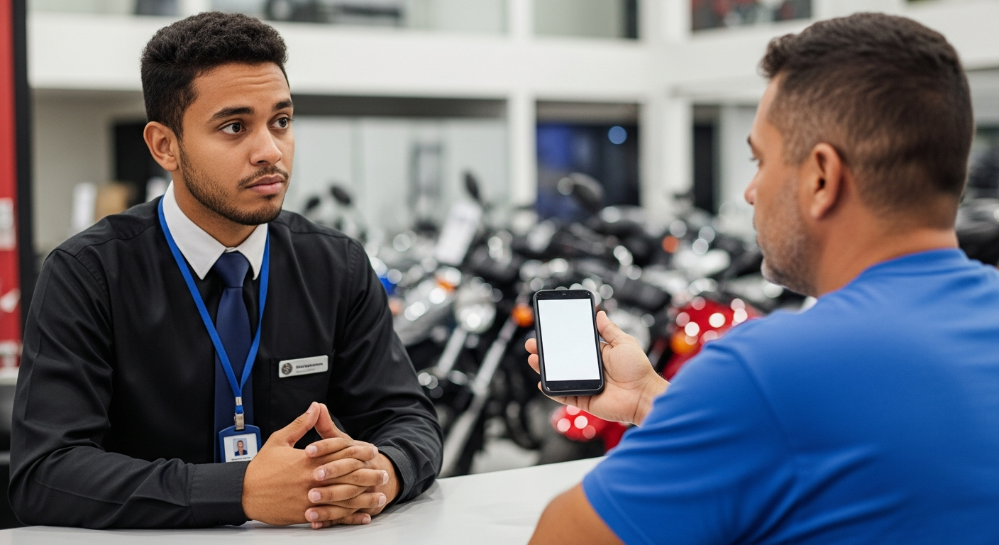 Vendedor de concessionária com expressão hesitante ao ser questionado por MEI sobre desconto de moto