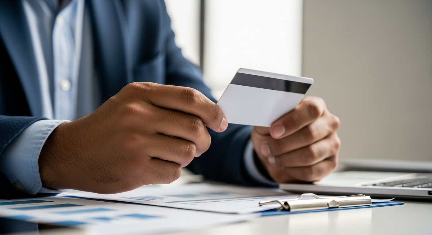 Mãos de empreendedor MEI segurando cartão BNDES empresarial para comprar moto 0 km com desconto