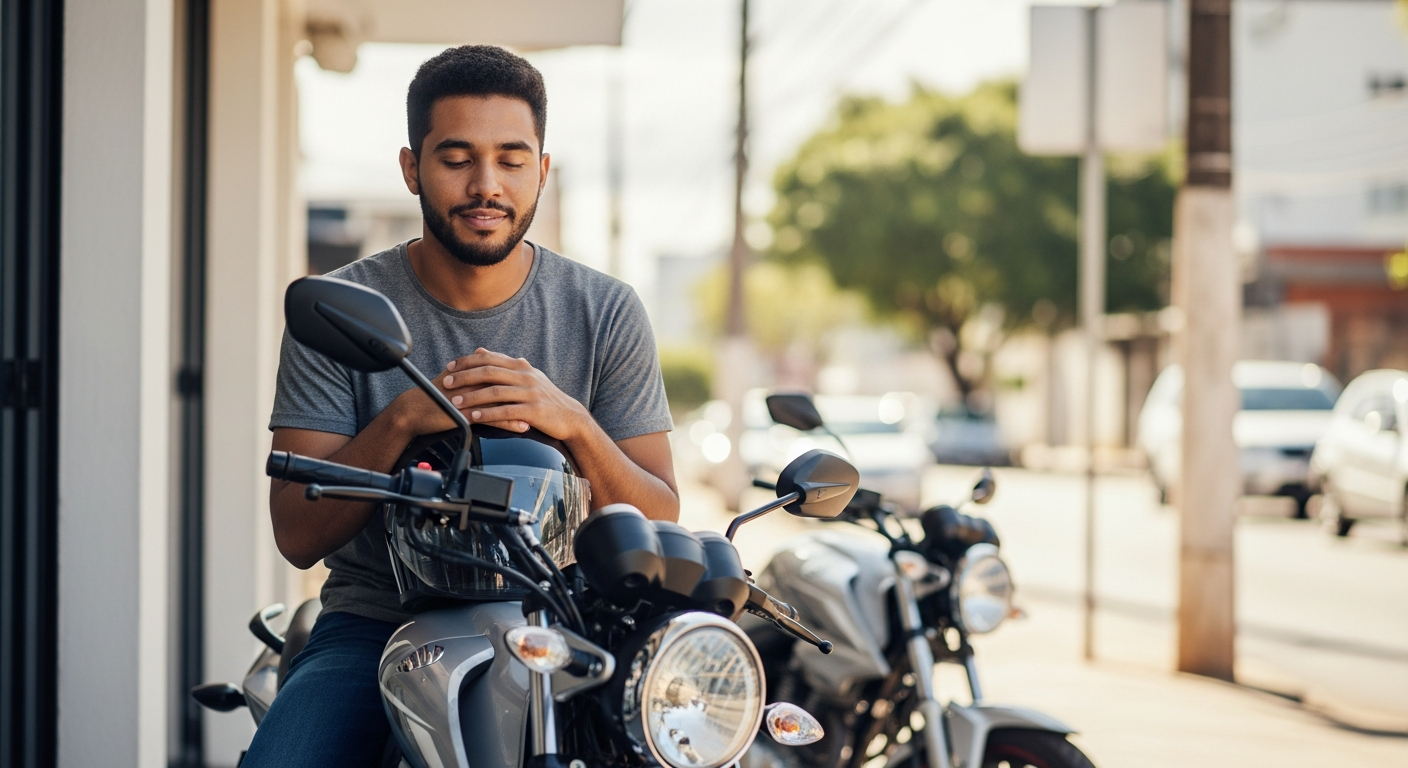 MEI satisfeito sentado em moto 0 km nova após comprar com desconto usando Cartão BNDES e CNPJ