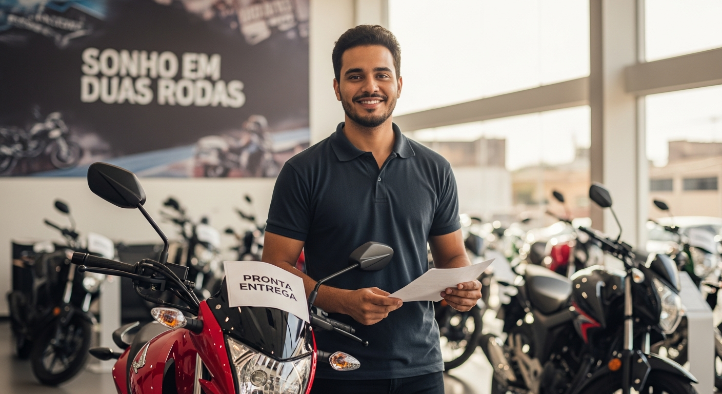MEI com documentos ao lado de moto 0 km vermelha em concessionária após negociar desconto com CNPJ