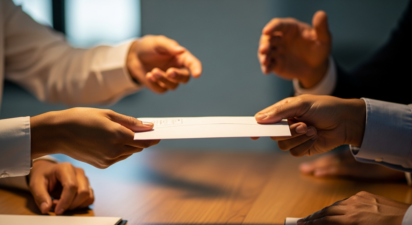Mãos trocando envelope representando intermediação na cessão de crédito de dívida no Serasa