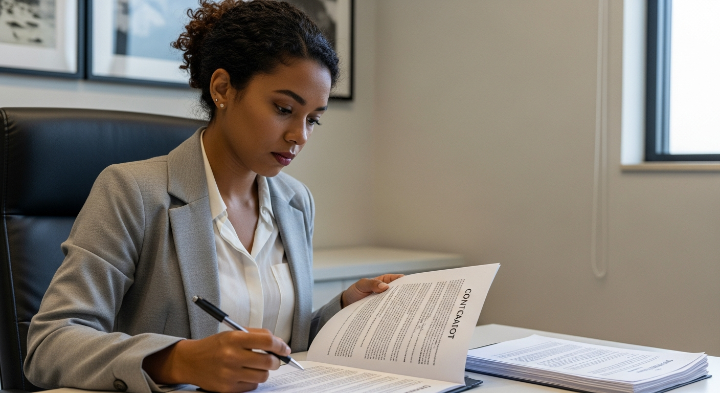 Mulher brasileira lendo contrato de cessão de crédito de dívida em escritório — cláusulas ocultas