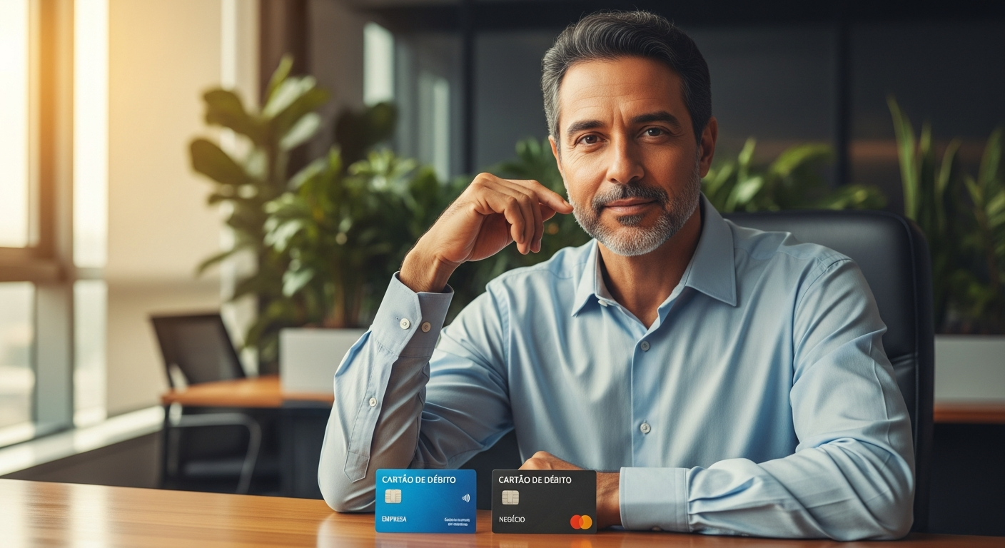 Empresário brasileiro com dois cartões bancários empresariais sobre a mesa — estratégia dos dois bancos para empresa
