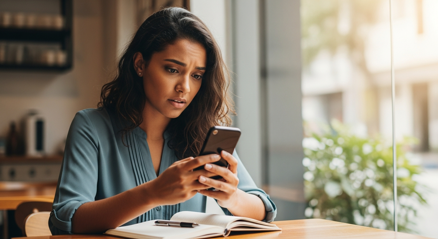 Mulher brasileira consultando aplicativo financeiro no celular tentando entender por que seu crédito foi negado