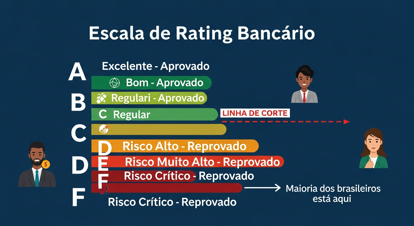 Infográfico da escala de rating bancário de A a F com linha de corte entre C e D mostrando aprovação e reprovação de crédito