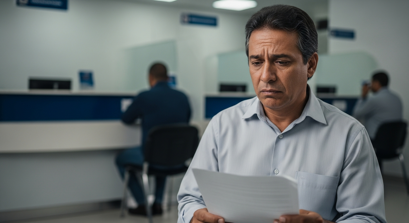 Homem brasileiro frustrado em agência bancária segurando documento após ter crédito negado mesmo com nome limpo