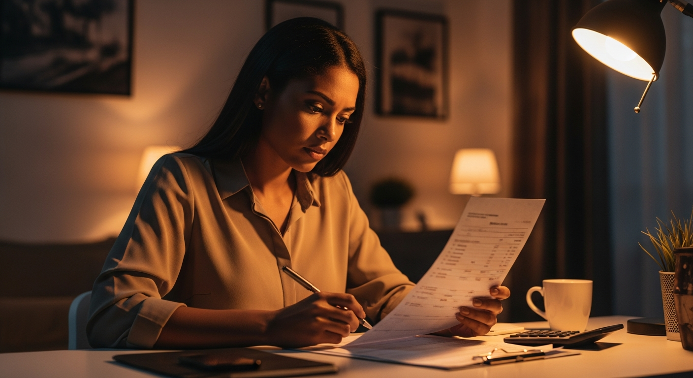 Mulher brasileira analisando extratos bancários à noite preocupada com rating bancário e crédito