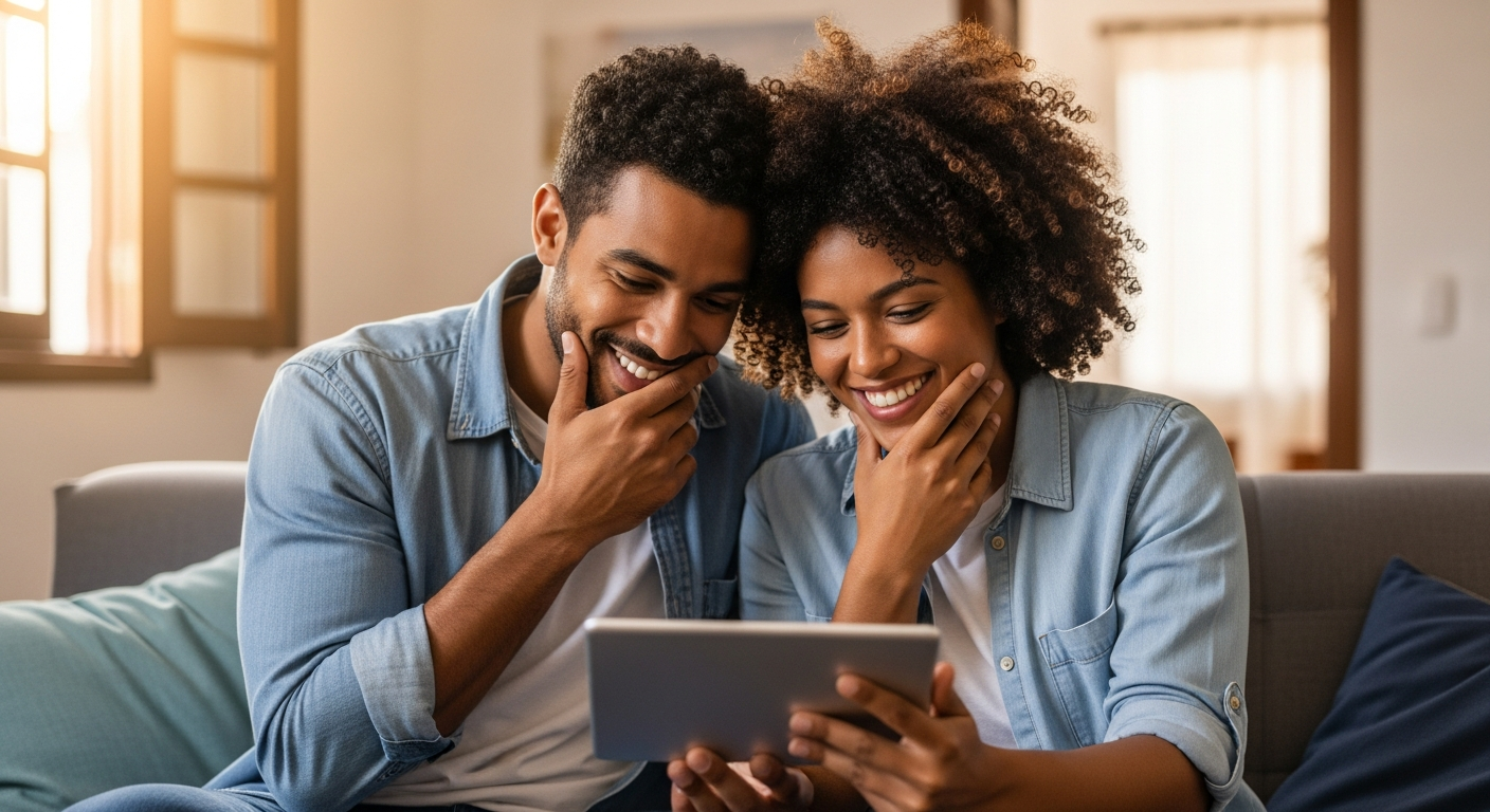 Casal brasileiro aliviado consultando tablet após melhorar rating bancário e conseguir crédito aprovado