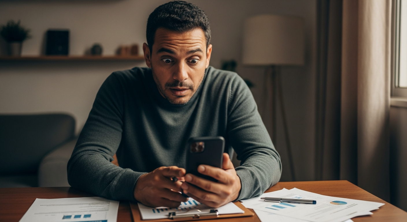 Homem brasileiro consultando Registrato Banco Central pelo celular com documentos financeiros na mesa