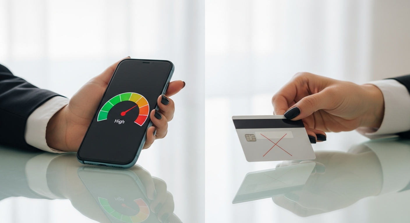 Mãos femininas brasileiras com smartphone mostrando score alto e cartão de crédito recusado sobre mesa de vidro