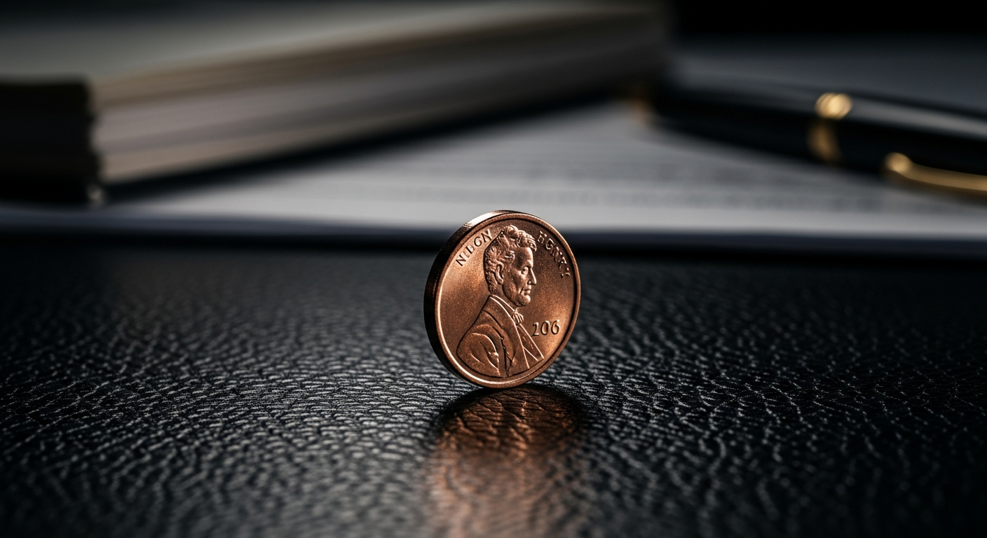 Moeda de cobre isolada sobre superfície escura com documentos financeiros desfocados ao fundo — pendência mínima no Bacen