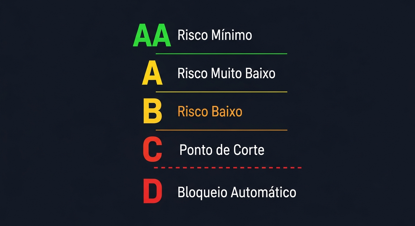 Infográfico da escala Score Alfa de AA até D com ponto de corte na letra C e bloqueio automático na letra D