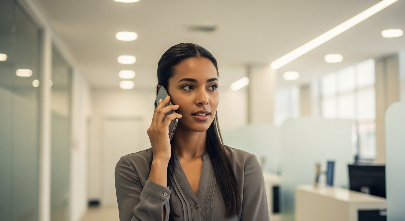 Mulher brasileira confiante em agência bancária ao telefone consultando classificação interna de crédito com gerente