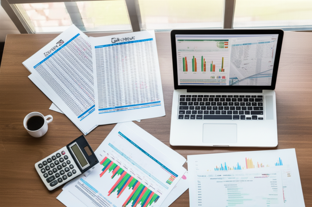 Mesa de trabalho organizada com documentos financeiros e extratos bancários para análise de crédito