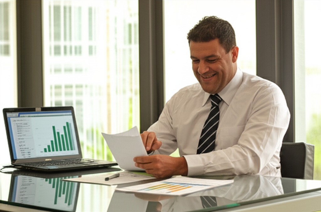 Empresário brasileiro aprovado para crédito BNDES analisando documentos bancários em escritório moderno